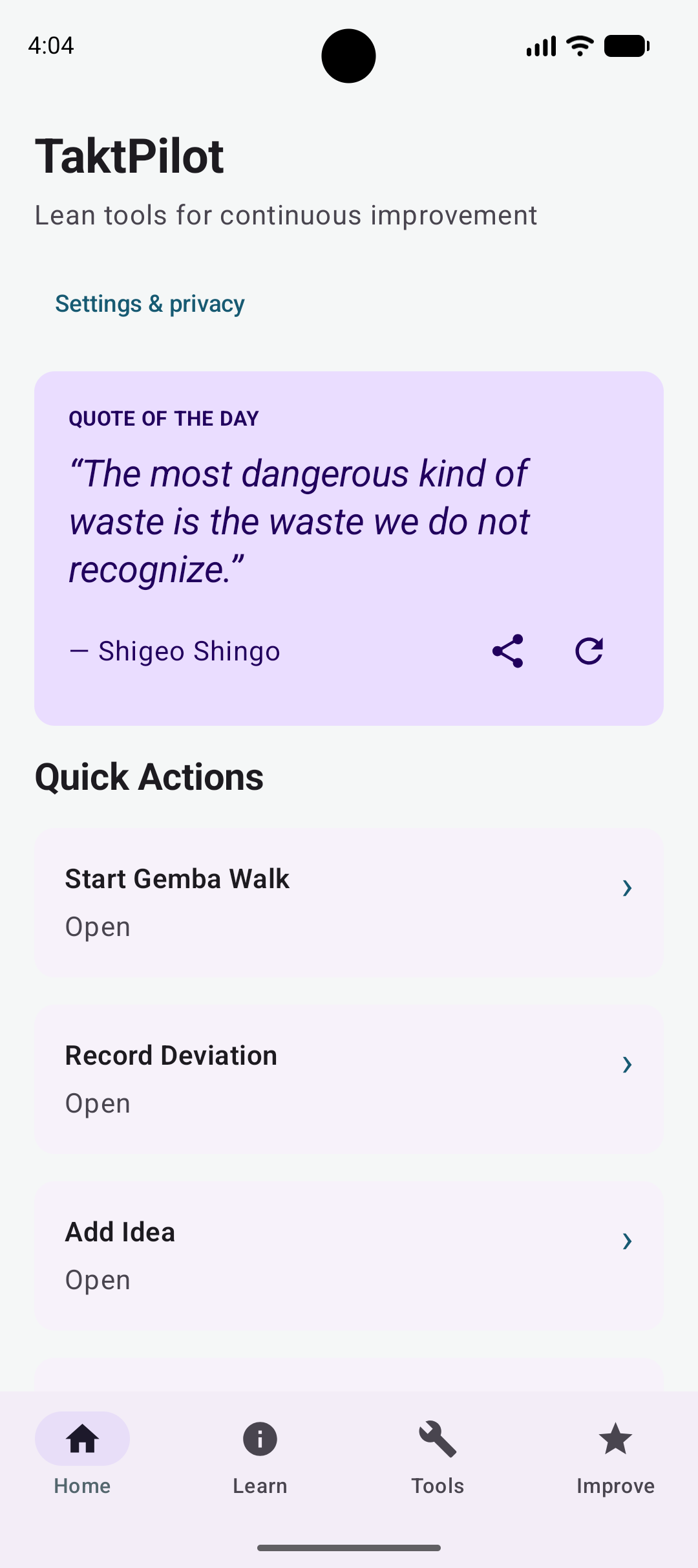 TaktPilot home screen with shortcuts to Gemba, deviations and ideas